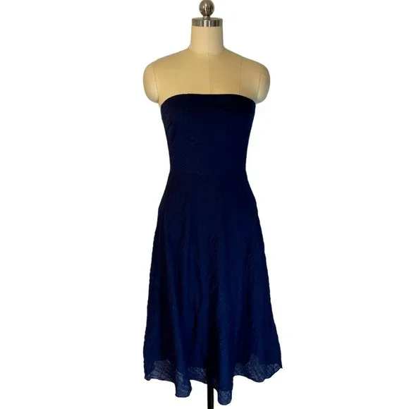 J. Crew | Dresses | J Crew Navy Blue Strapless Dress Cotton Seersucker Fit  Flare Lined Sz 4 | Poshmark